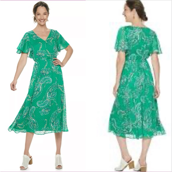 Dana Buchman Large dress green paisley print midi dress flutter sleeve A lined - Picture 1 of 10